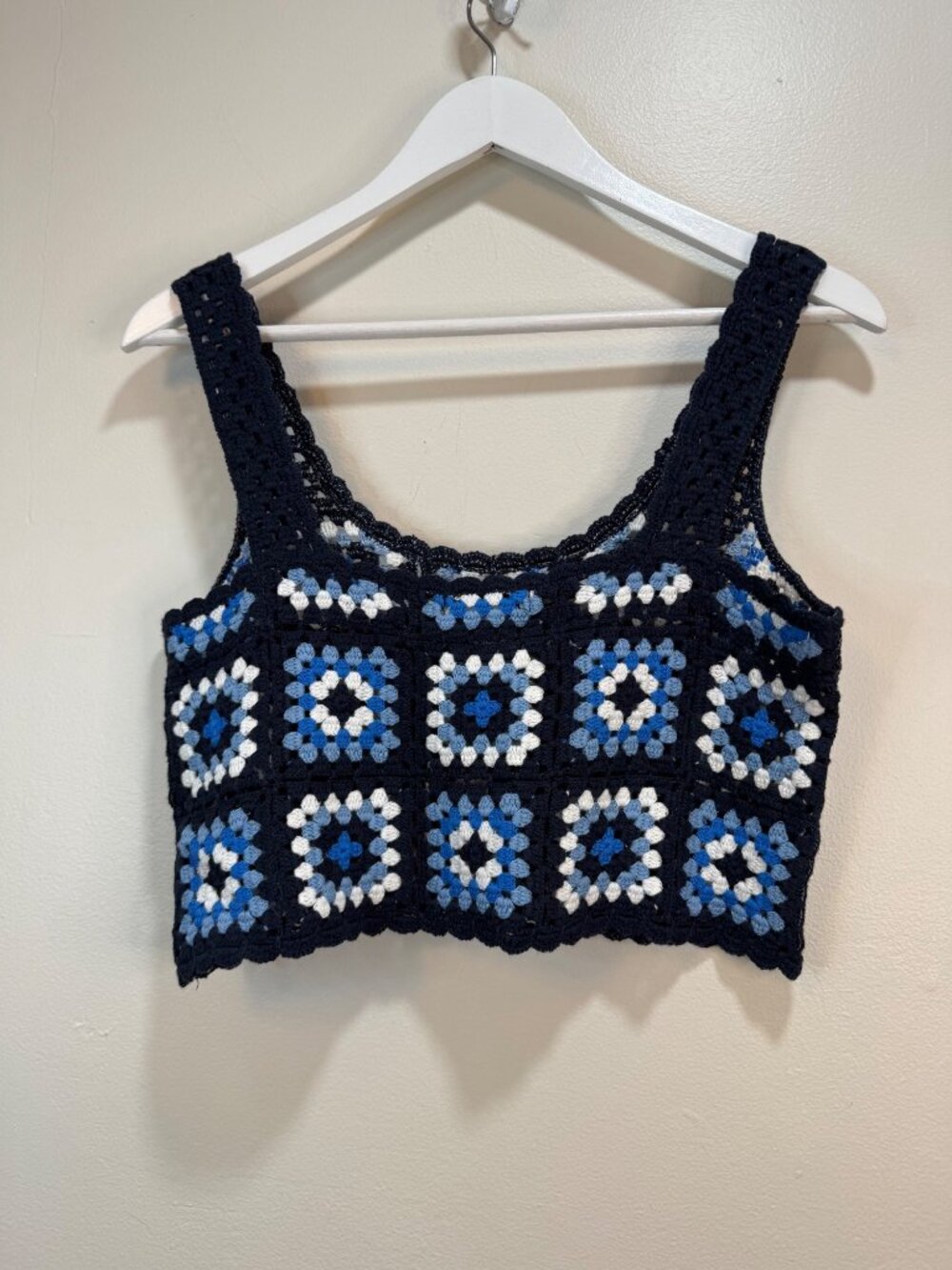 Crochet Granny Square Lagenlook Boho Textured Knit Cropped Tank Top XS NWT - Picture 6 of 6